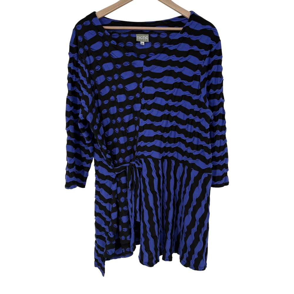 Niche Nilgun Derman Blue Black Textured Stripe Side Tie Tunic Top XL USA Made